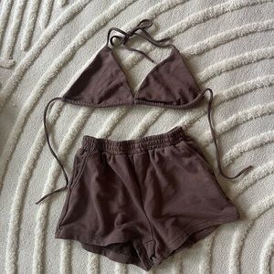 Verdusa Women's 2 Piece Outfit Tie Back Triangle Halter Top and Short Sets